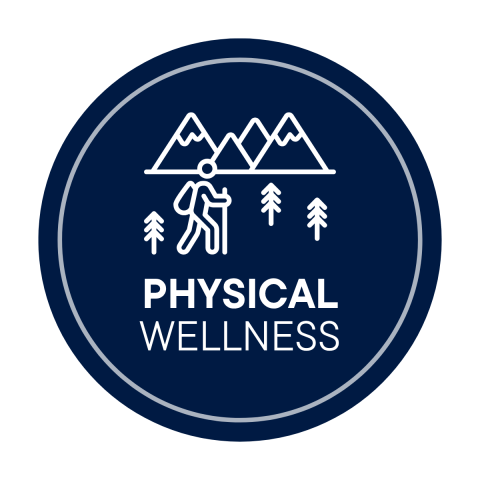 Circle in UNH Blue with a hiking icon and the words physical wellness
