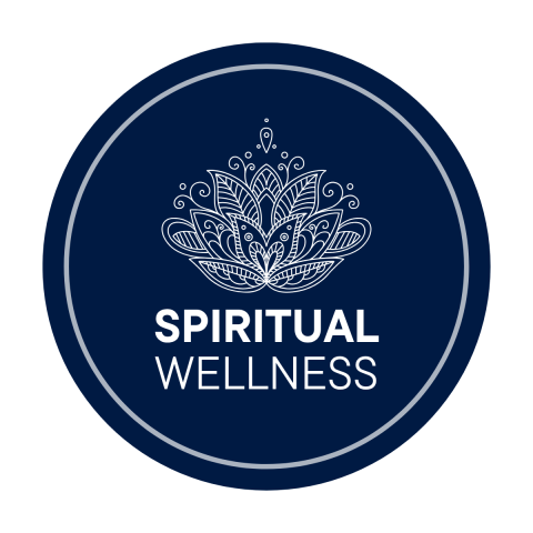 Circle in UNH Blue with a mandala icon and the words spiritual wellness 