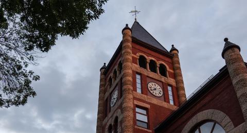 Thompson Hall clock tower at dusk