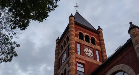 Thompson Hall clock tower at dusk