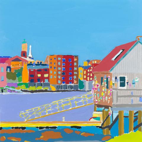 A colorful painting of a buoy shack