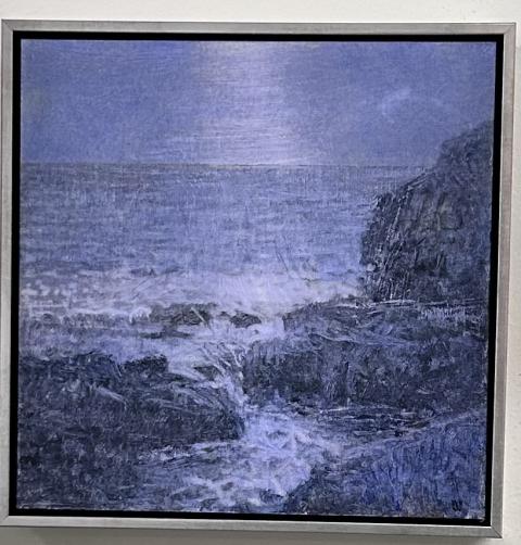A painting of a moonlit shore