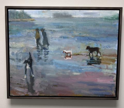Painting of dogs and people on a shore