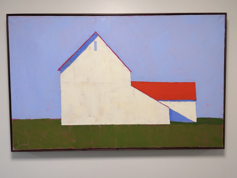 A painting of a building in a field 