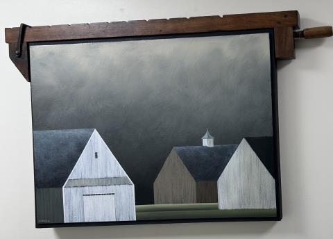 A painting of houses in the night