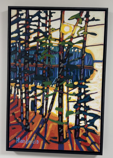 painting of a sunset behind trees 