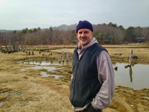 A man standing by a swamp