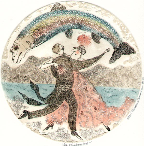 A print of two people dancing under a big fish