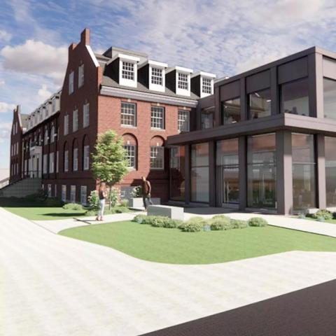 Rendering of Hamel Honors and Scholars College addition to brick building