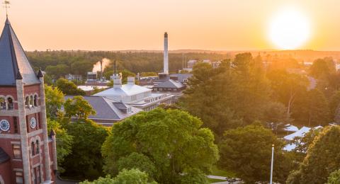 Aerial View of Campus and T-Hall with Sunset