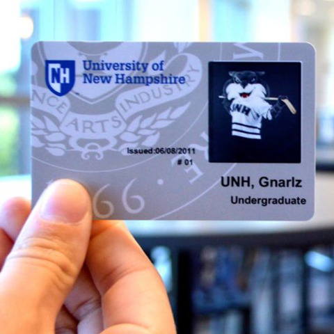 Photo of someone holding a Wild E. Cat ID in Holloway Commons Dining Hall