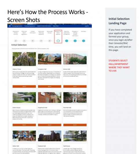 Screen Shot of Initial Housing Selection Process Page