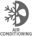 Grey icon depicting air conditioning showing half of a fan and half of a snowflake and words "Air Conditioning"
