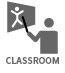 Grey icon of a person holding a stick pointing to a board with a drawing on it. Words below say "CLASSROOM"