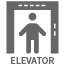 Grey icon depicting a person inside of an elevator with words "Elevator"