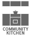 Grey icon depicting a kitchen with stove, cabinets, and a pot warming on the stove and words below "COMMUNITY KITCHEN"