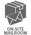 Grey icon depicting a packaged box with an envelope in front of it and words "ON-SITE MAILROOM"
