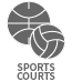 Grey icon depicting a key with words "Sports Courts"