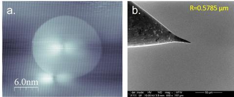 STM surface image of black phosphorus ND SEM image of an STM probe