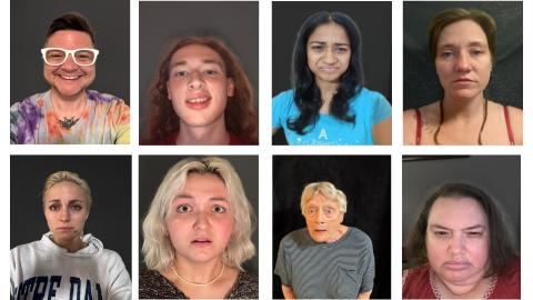 Eight different models pose with different facial expressions of emotion. They are each wearing different colors of clothing, have a variety of hairstyles, piercings, and are different ages.