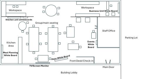 A diagram of the clubhouse floor layout. This includes the kitchen tables, living spaces, exists and laundry areas. 