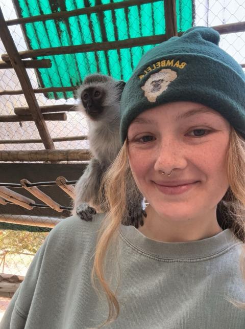 Mogan Breen and a vervet monkey