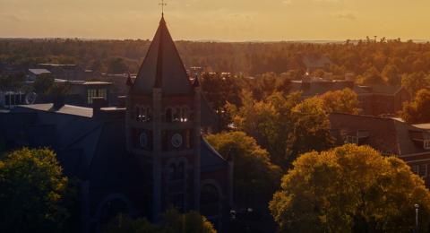 Aerial view of T-Hall at dusk