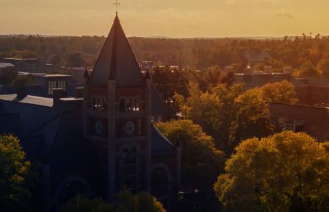 Aerial view of T-Hall at dusk