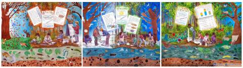 3 Earth Around Us water tent panels with student and artist artwork depicting a river ecosystem during three seasons and with students collecting data