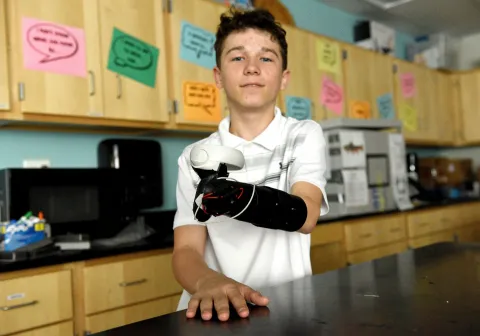Scott Merrow of Auburn shows his prototype