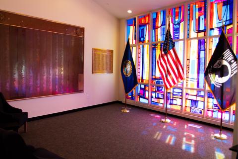 memorial room list of names and stained glass windows