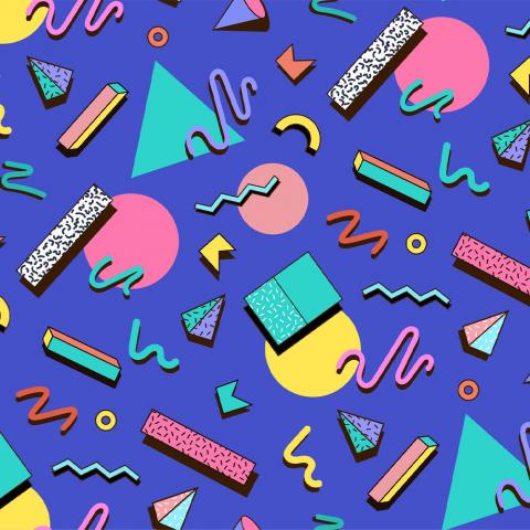 Pastel shapes and lines on a purple background.