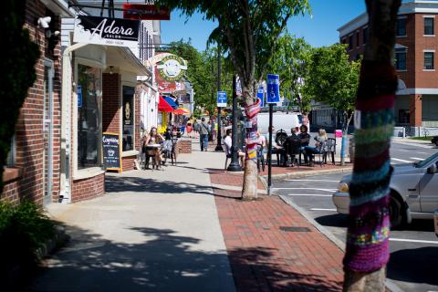 Downtown Durham businesses in the summer.