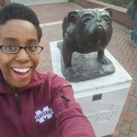 Bethany, UNH Exchange Student with Mississippi State bulldog mascot