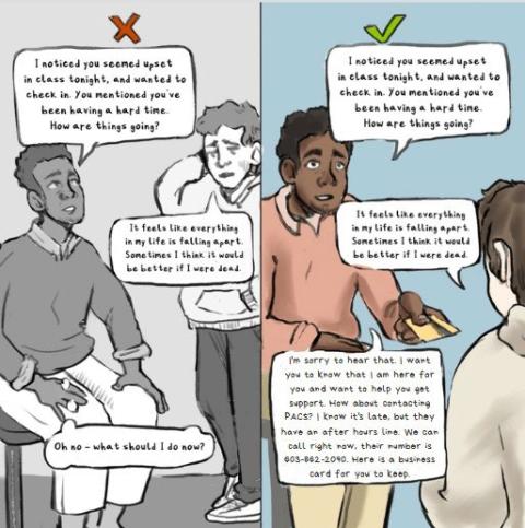 Cartoon image of faculty helping a student in distress