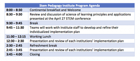 schedule for STEM pedagogy Institute 2018