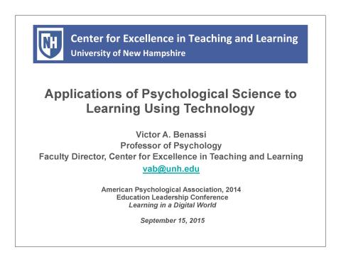 Applications of Psychological Science to Learning Using Technology (PowerPoint slides)