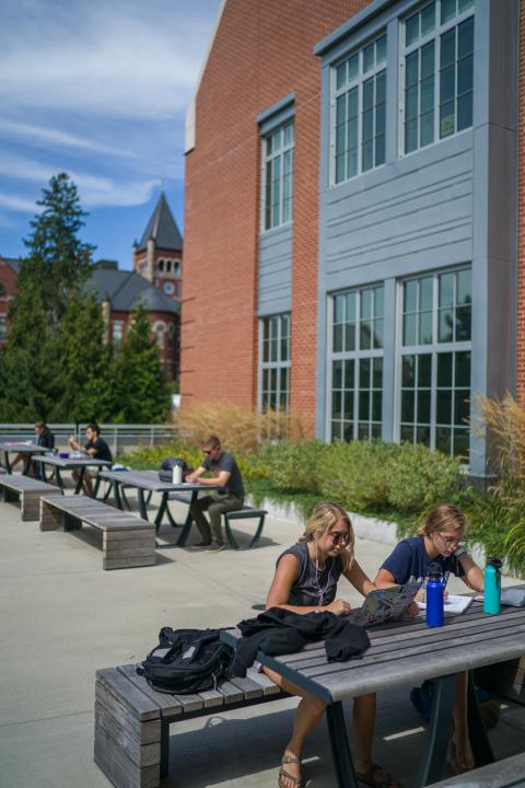 UNH students studying outside ham smith