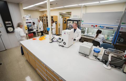 Time lapse photo of several scientists working in a lab