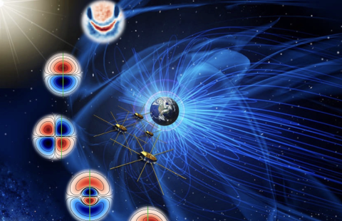Illustration of four small spacecraft at the edge of the magnetosphere with electron data in different shapes nearby.