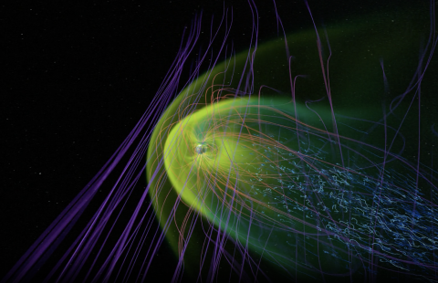 Illustration of solar storm hitting Earth's magnetosphere.