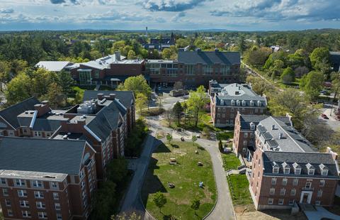 Aerial view of brick buildings in spring