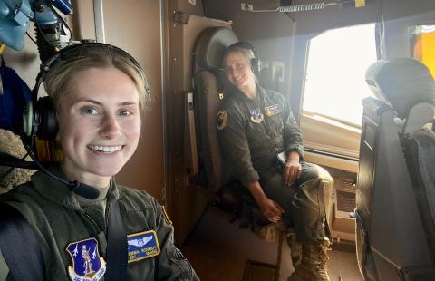 Emma Schmidt inside an airplane