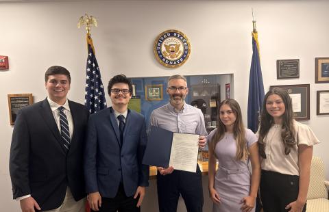 Ben Goguen ’27, far left, joins fellow interns and staff during his summer internship in U.S. Sen. Jeanne Shaheen’s Manchester office.