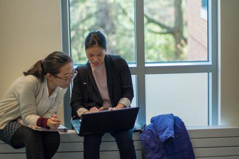 two students studying by a window