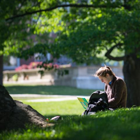 student seated outdoors on campus