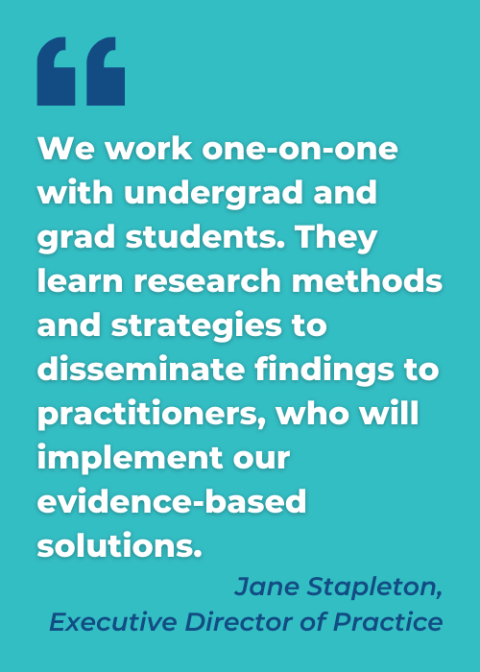 A graphic of a quote in white letters with a turquoise background: "We work one-on-one with undergrad and grad students. They learn research methods and strategies to disseminate findings to practitioners, who will implement our evidence-based solutions."