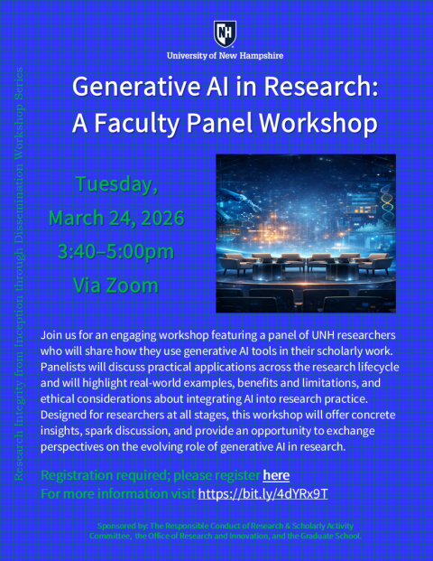 Flyer for faculty panel workshop on generative AI use in research.