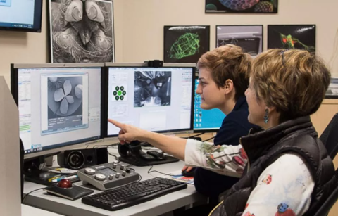 two women in a laboratory looking at two computer monitors and pointing at the screen