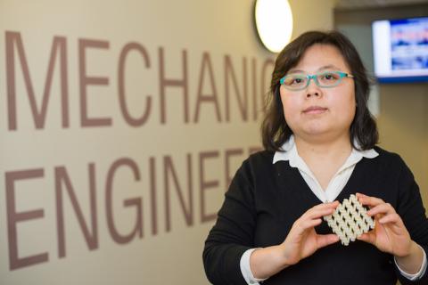 Mechanical engineering professor Yaning Li Mechanical engineering professor Yaning Li holding 3D printed square